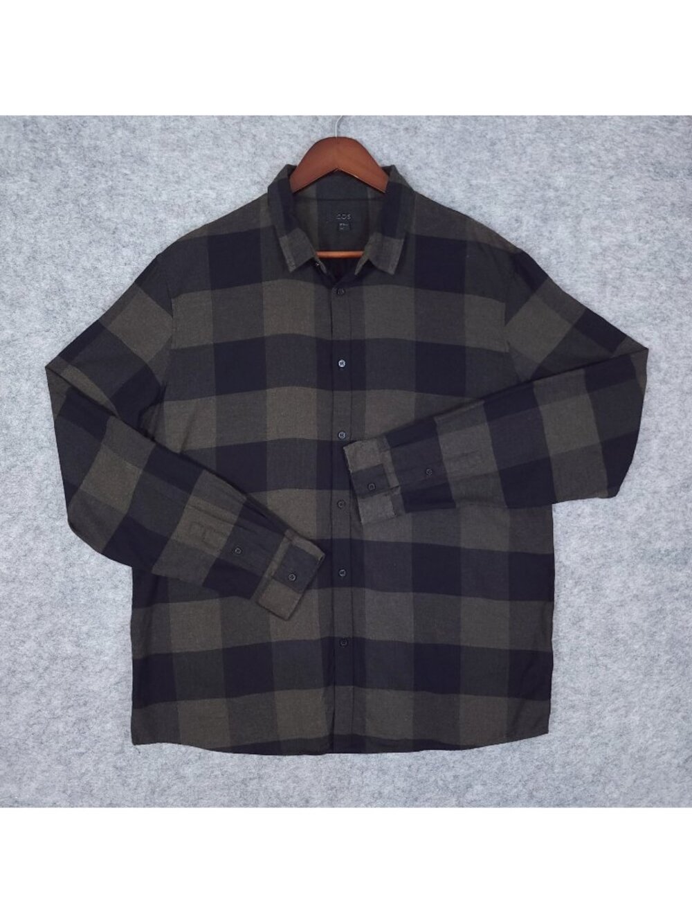 COS Flannel Shirt Mens XL Olive Green Black Buffalo Check Cotton Long Sleeve